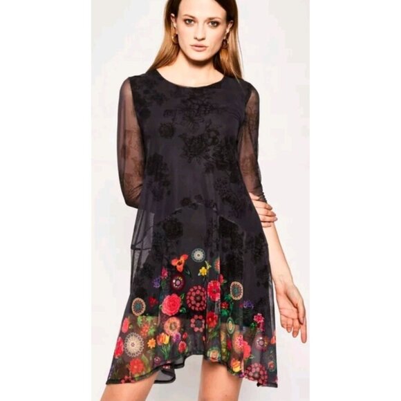 Desigual Womens black Sheer Floral dress Asymmetrical hem size Large boho Art - Picture 1 of 8
